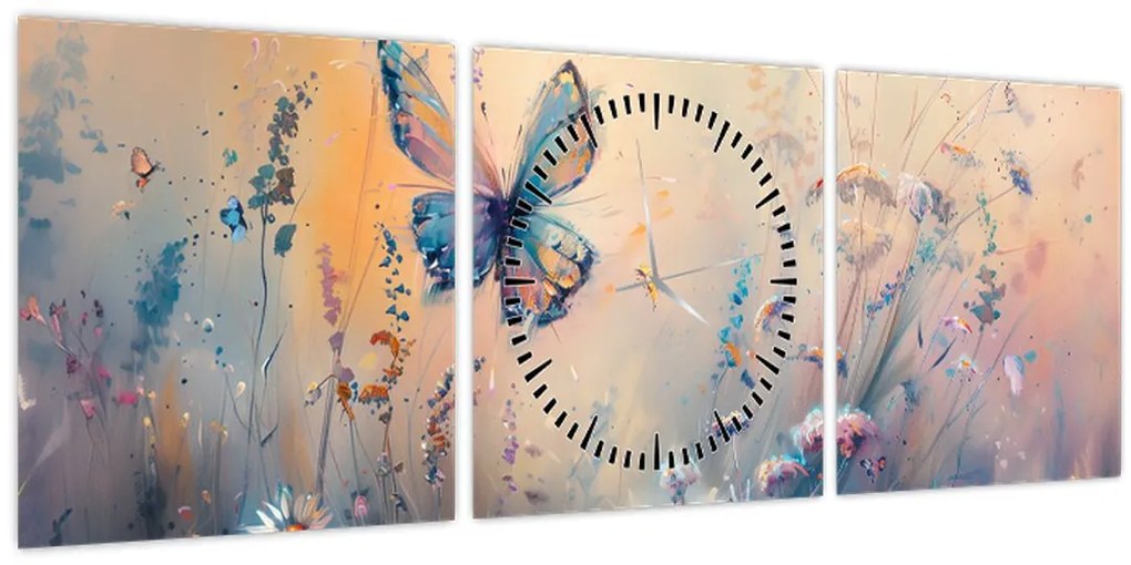 Obraz - Lúka s motýľom II. (s hodinami) (90x30 cm)