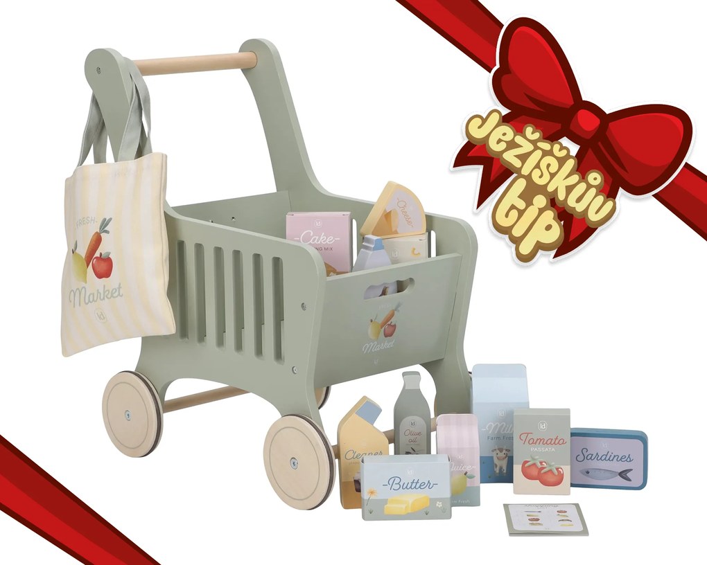 Nákupný vozík s doplnkami drevený