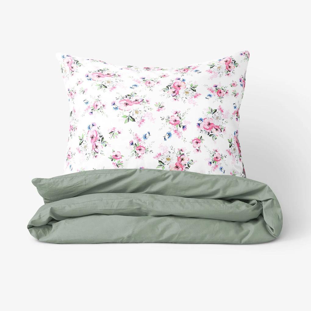 Goldea bavlnené posteľné obliečky duo - ružové sakury s lístkami s šalviovo zelenou 150 x 200 a 50 x 60 cm