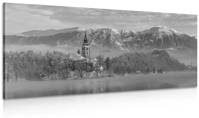 Obraz kostol pri jazere Bled v Slovinsku v čiernobielom prevedení Varianta: 120x60