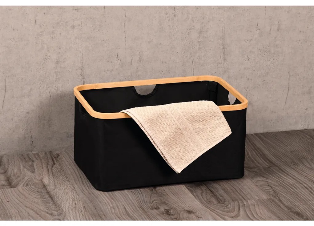 Úložný box - košík, textilný čierny s bambusovým rámom XXL, 57x37x26