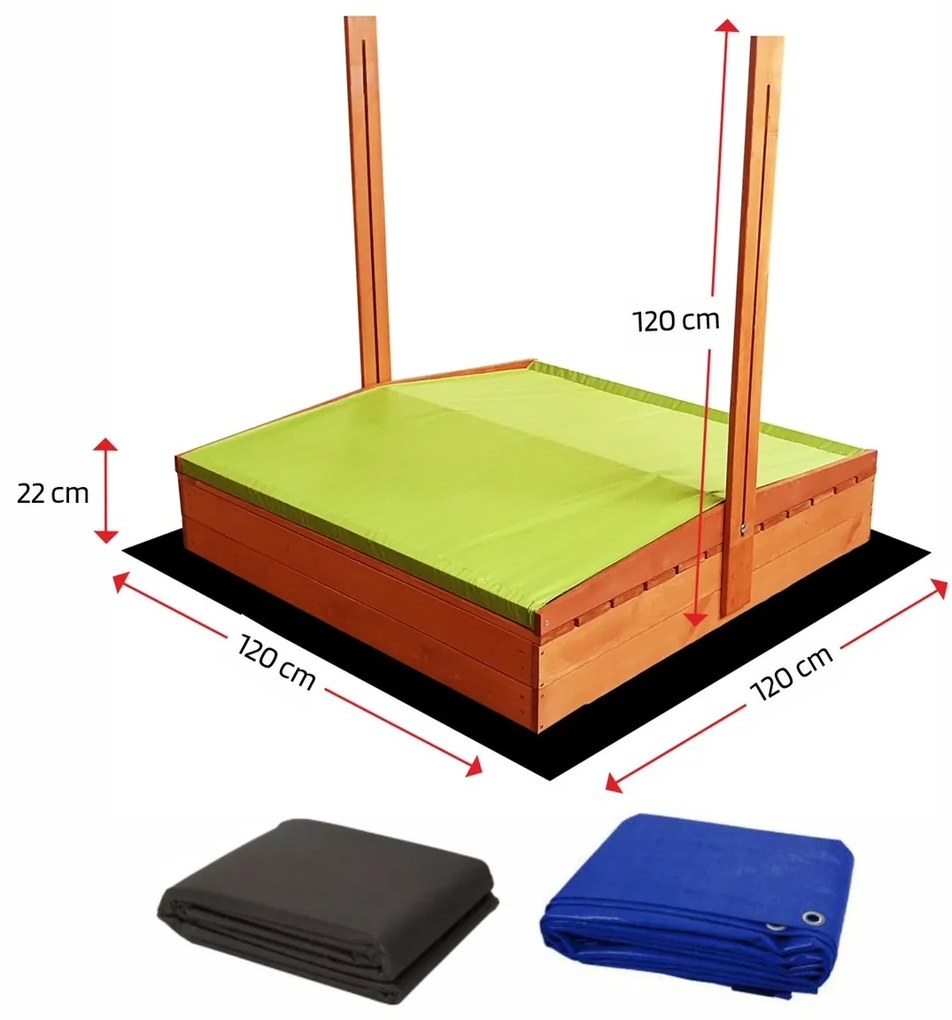Zatvárateľné pieskovisko s lavičkami a strieškou zelenej farby 120 x 120 cm
