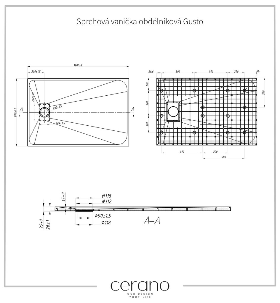 Cerano Gusto, obdĺžniková sprchová vanička 120x80x3 cm z minerálneho kompozitu, biela, CER-CER-414641