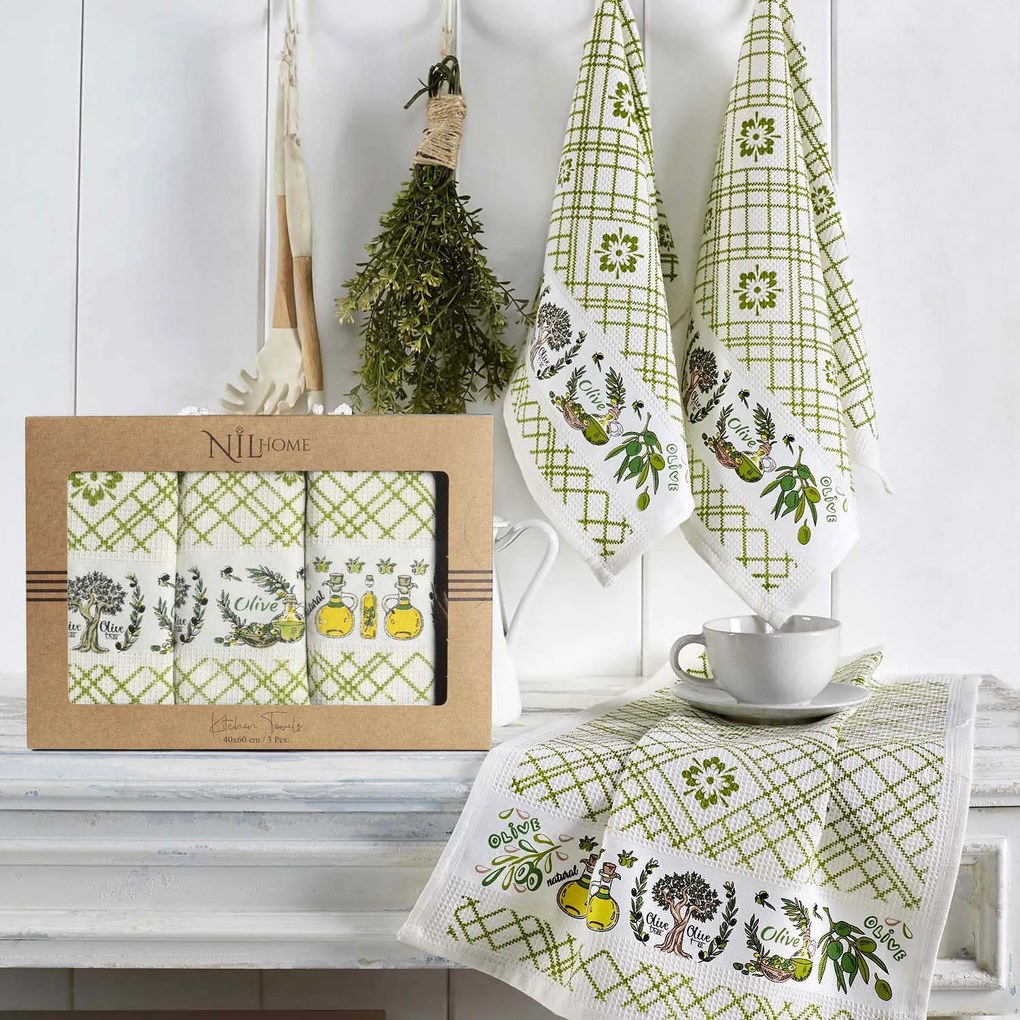 KUCHYNSKÉ UTIERKY OLIVE SADA 3 KS 40X60 CM VZOROVANÉ