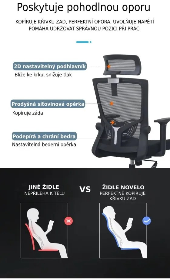 Kancelárska ergonomická stolička Neoseat NOVELO — sieť / látka, čierna, nosnosť 150 kg