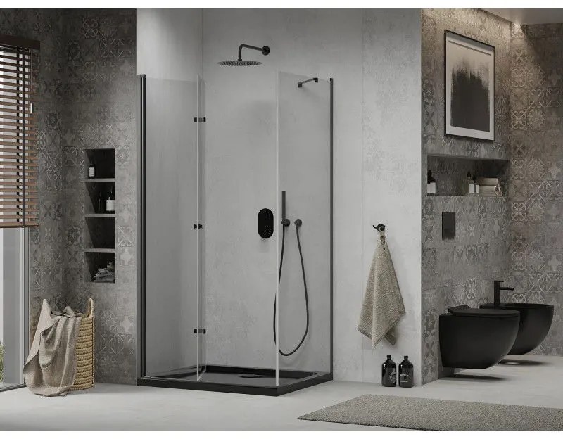 Mexen Lima, sprchovací kút so skladacími dverami 100 (dvere) x 90 (stena) cm, 6mm číre sklo, čierny profil + slim sprchová vanička čierna s čiernym sifónom, 856-100-090-70-00-4070B