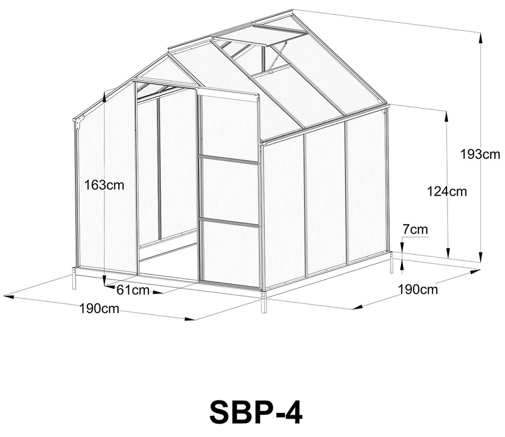 Skleník so základňou BestBerg SBP-4 / 3,6 m² / 190 x 190 x 201 cm / strieborná