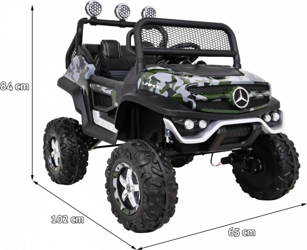 Ramiz Mercedes Benz Unimog pre deti Moro lak + pohon 4x4 + diaľkové ovládanie + batožinový priestor + pomalý štart + MP3 LED