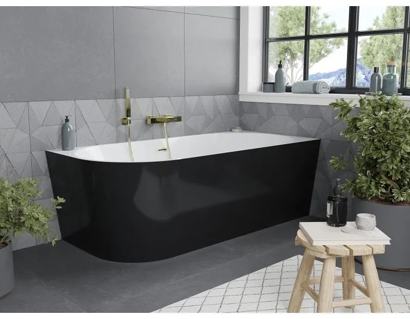 Mexen Mia, voľne stojaca rohová vaňa pravá 160 x 80 cm, biela/čierna, zlatý matný prepad, 52691608075P-55