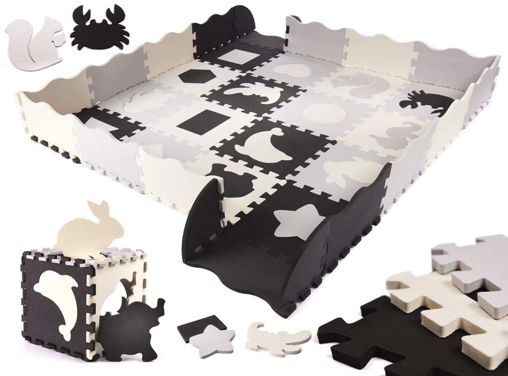 KIK Penová podložka na puzzle / ohrádka pre deti 36el. black-grey-ecru