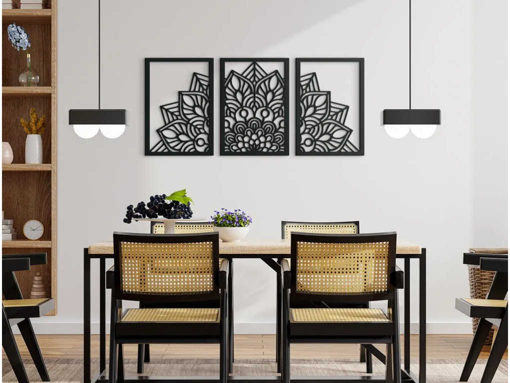 drevko Viacdielna mandala na stenu Kvet Rozmer obrazu: 29,5 x 65 cm, Farba dekorácie: Čierna