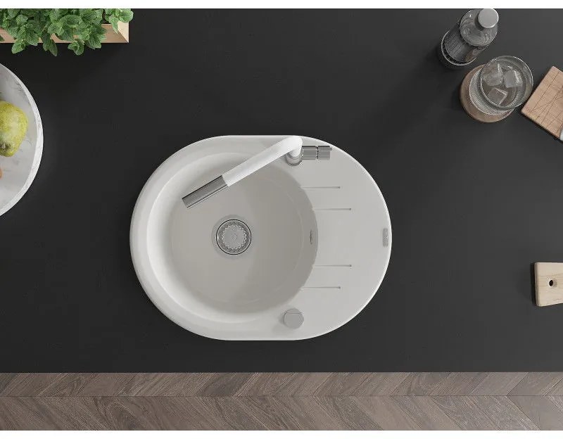 Mexen Kevin, 1-komorový granitový drez 586x458x190 mm a drezová batéria Flora, biela, 6517-20-670401-02