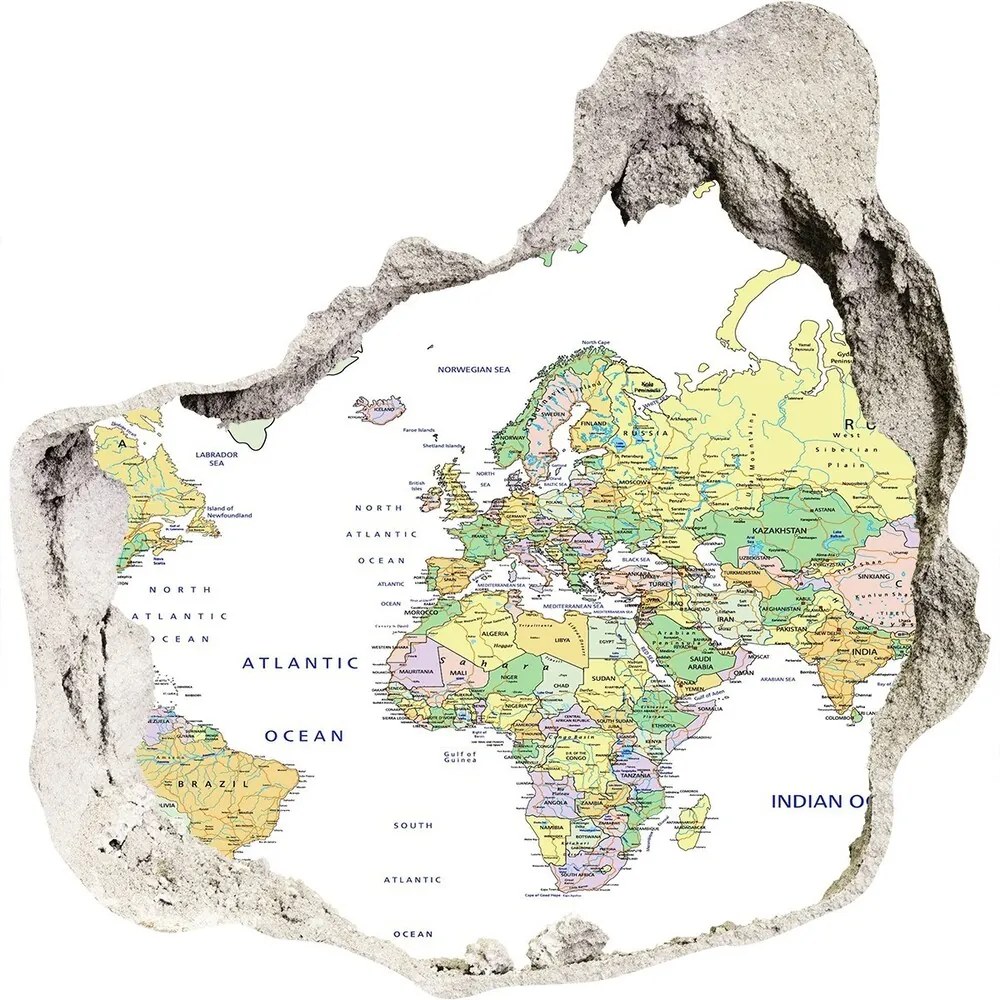 Nálepka 3D diera betón Mapa sveta nd-p-82821483