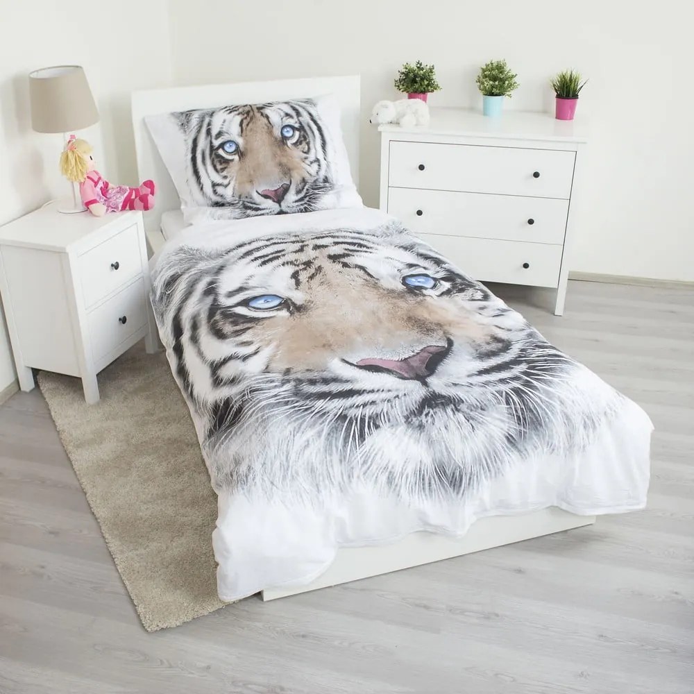 Bielo-sivé bavlnené detské obliečky na jednolôžko 140x200 cm White Tiger – Jerry Fabrics