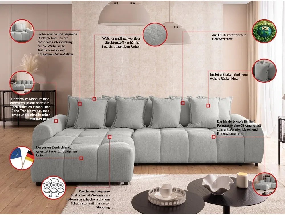 Svetlosivá rohová pohovka (ľavý roh/s leňoškou) Albane – Ropez