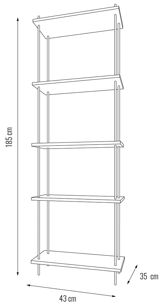 Kovové regály v industriálnom štýle DECO s 5 policami, 185x43x35 cm