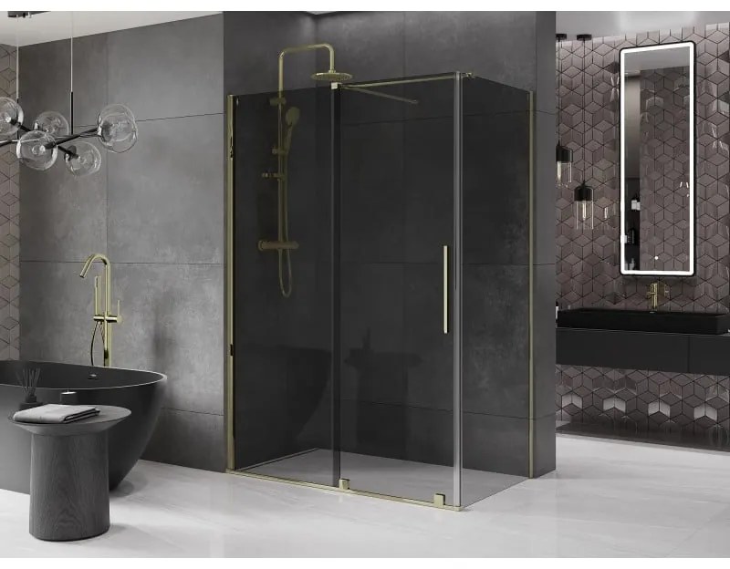 Mexen Velar, sprchový kút s posuvnými dverami 130 x 70 cm, 8mm šedé sklo, zlatá lesklá, 871-130-070-41-50