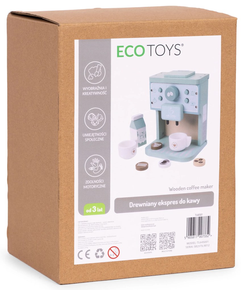 ECOTOYS Drevený detský kávovar - baristický set 8 dielov