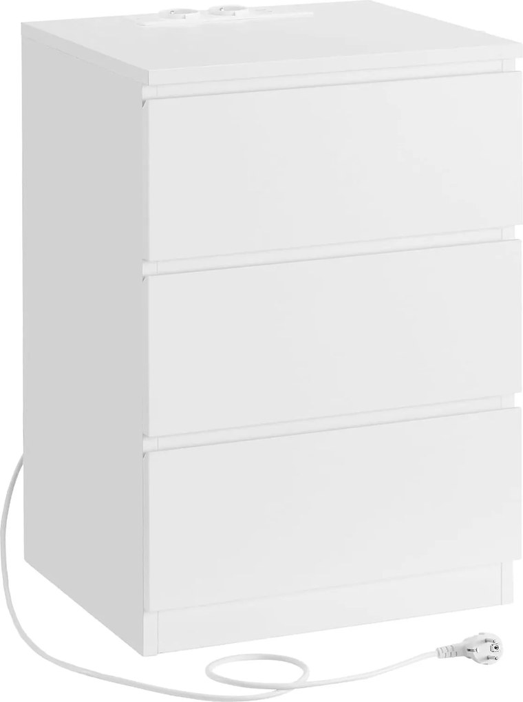 Nočný stolík s napájacou lištou, príručný stolík s 3 zásuvkami, 2 AC výstupmi, 2 USB porty, biely