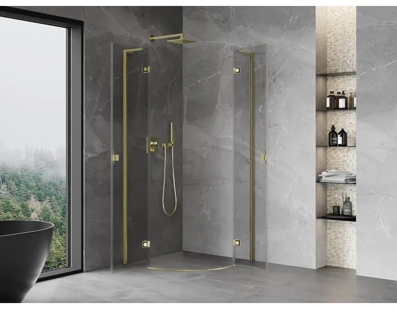 Mexen Mist L, štvrťkruhový sprchový kút s 2-krídlovými dverami, 90 x 90 cm, číre sklo, zlatý lesklý profil, 8A33L-090-090-50-00