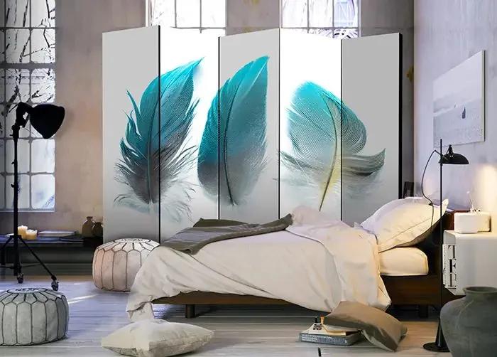 Paraván - Blue Feathers II [Room Dividers] Veľkosť: 225x172, Verzia: Akustický