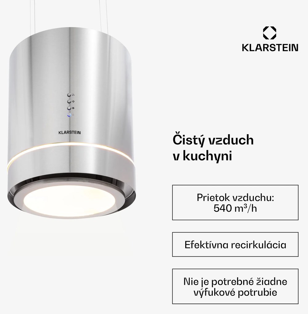 Klarstein Tron Ambience, digestor, 38 cm, ostrovčekový, 540 m³/h, LED, nehrdzavejúca oceľ