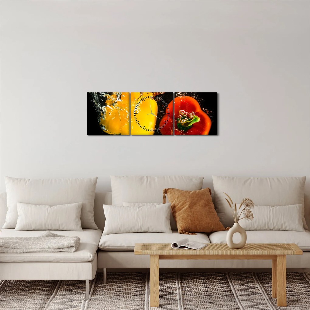 Obraz - papriky vo vode (s hodinami) (90x30 cm)