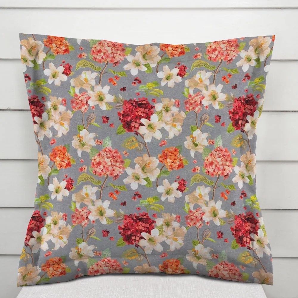 Biante Dekoračná obliečka na vankúš s lemom PML-092 Hortenzie a ľalie na sivom 45 x 45 cm