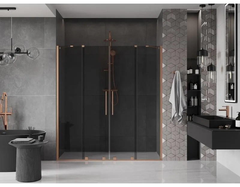 Mexen Velar Duo, posuvné sprchové dvere do otvoru 180 cm, 8mm šedé sklo, medená matná, 871-180-000-42-65