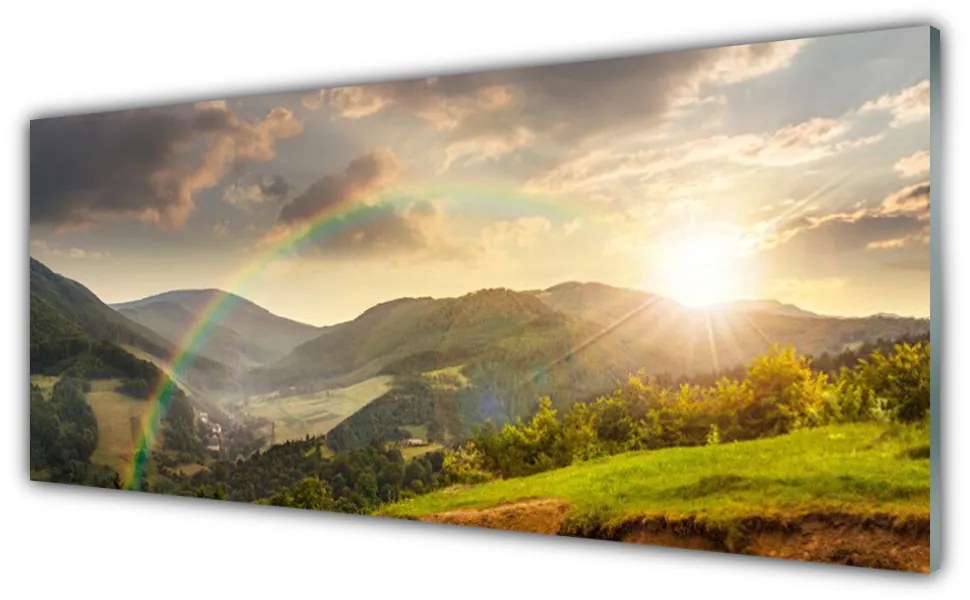 Obraz plexi Lúka hory západ slnka 125x50 cm