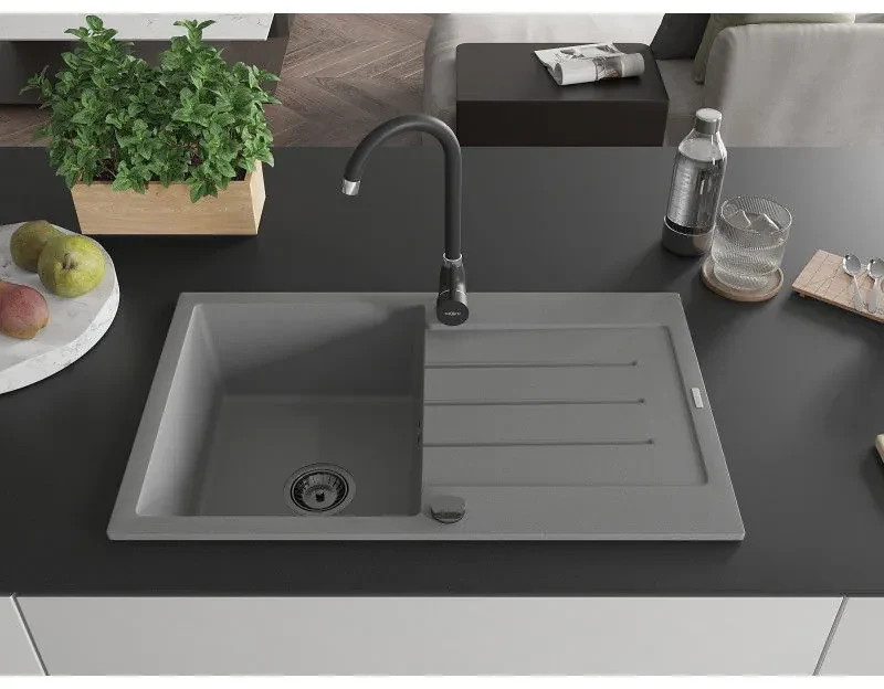 Mexen Bruno, 1-komorový granitový drez s odkvapkávačom 795x495x200 mm a čierna kuchynská batéria Telma, šedá, 6513-71-670200-70-B