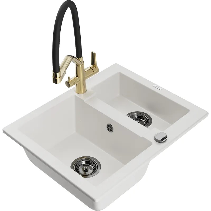 Mexen Carlos, 1,5-komorový granitový drez 582x475x177 mm a drezová batéria Duo, biela, 6518-20-671701-57-B