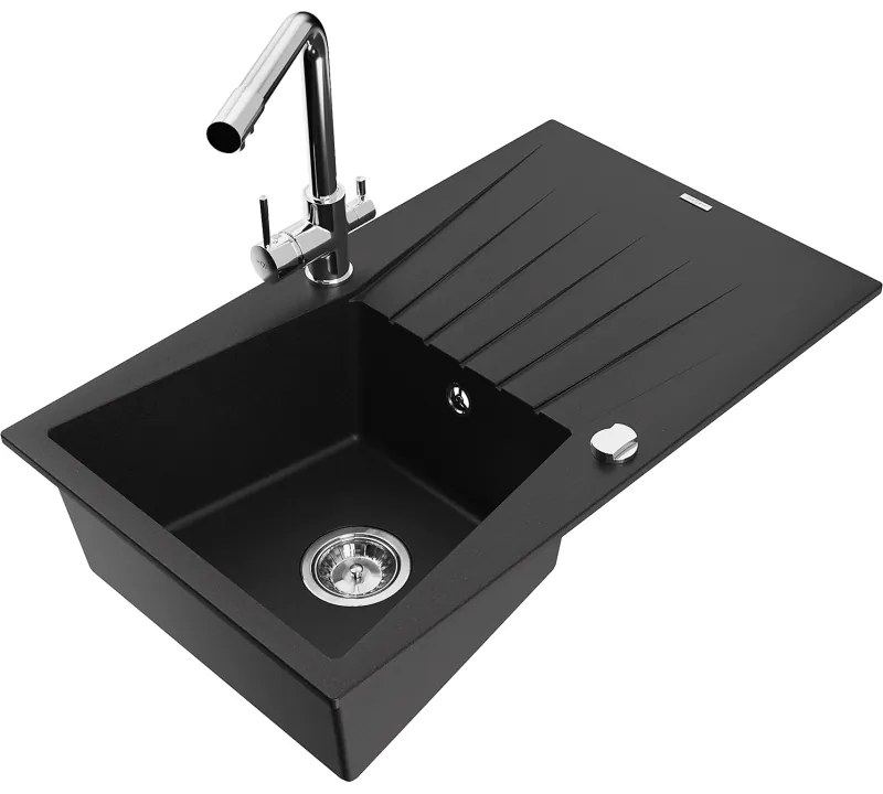 Mexen Cesar, granitový drez 775x470x190 mm, 1-komorový a chrómová batéria Duero, čierna, 6514-77-671600-00
