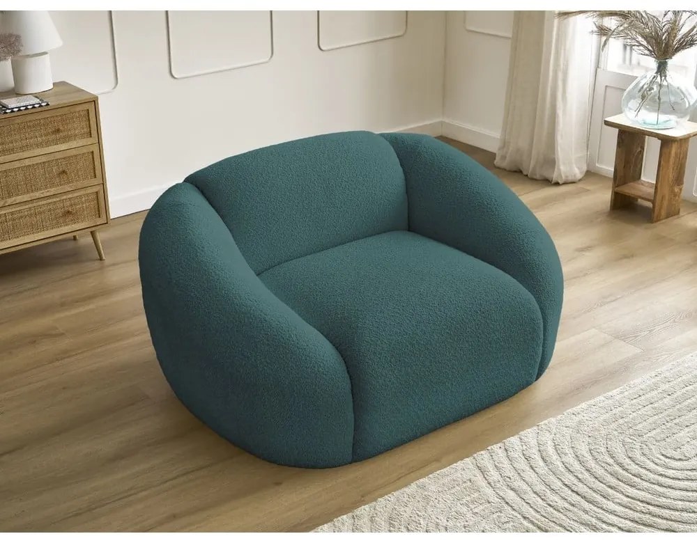 Tyrkysovomodré kreslo z textílie bouclé Tina – Bobochic Paris