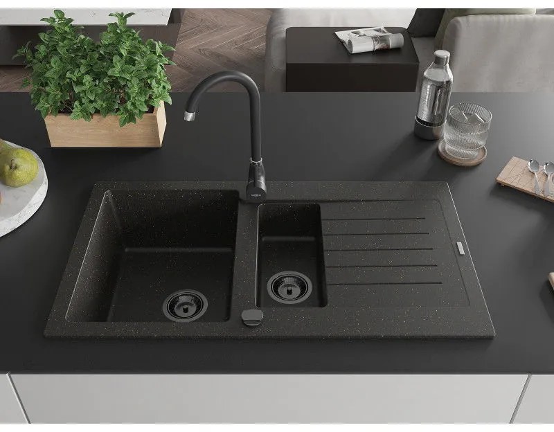 Mexen Matias - drez granitový 900x505x200 mm, 1,5-komorový, čierna-zlatá metalíza s čiernym sifónom, 6502901505-75-B