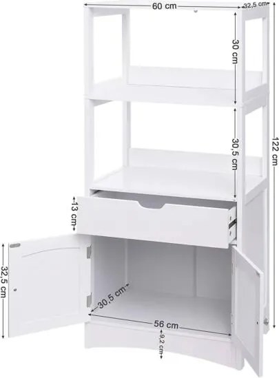 Veľká skrinka so zásuvkou, 2 otvorenými policami a dvojitými dvierkami, biela