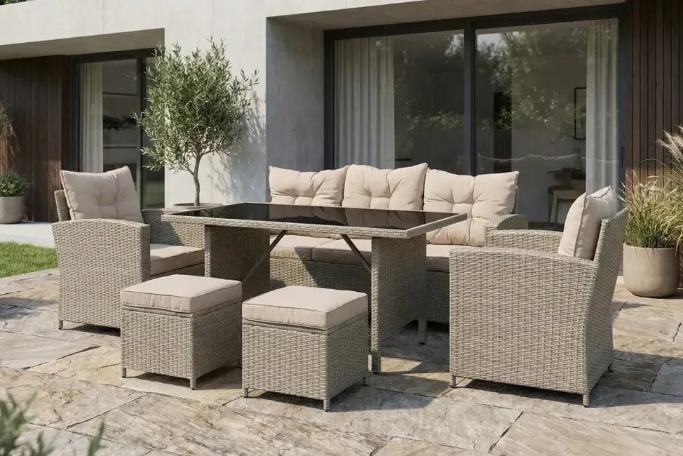 Záhradné sedenie California Béžové – Ratanová oáza pokoja s čiernym sklom