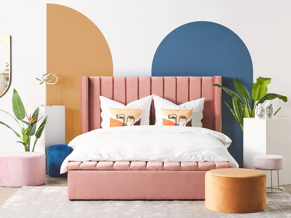 Zamatová posteľ s úložným priestorom 180 x 200 cm ružová NOYERS Beliani