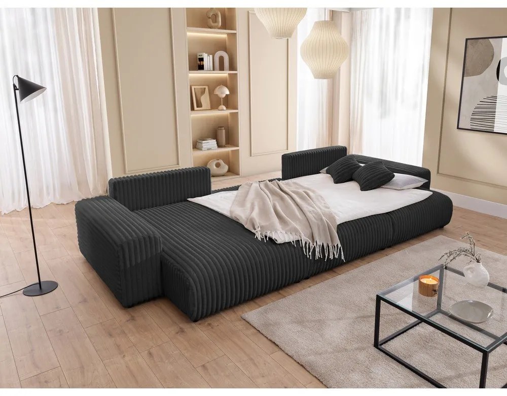 Tmavosivá menčestrová rozkladacia/s úložným priestorom rohová pohovka (do tvaru "U") Sarina – Ropez