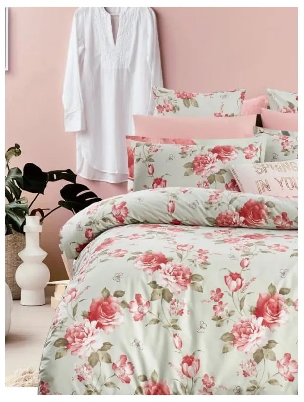 Zeleno-ružové predĺžené obliečky na dvojlôžko z bavlny Renforcé s plachtou/4-dielne 200x220 cm – Mila Home