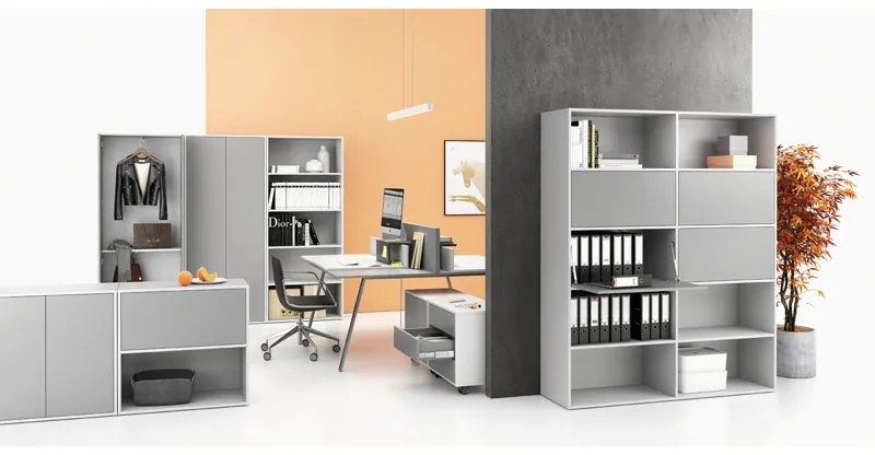 Kancelársky písací stôl SINGLE LAYERS bez prepážok, biela/sivá