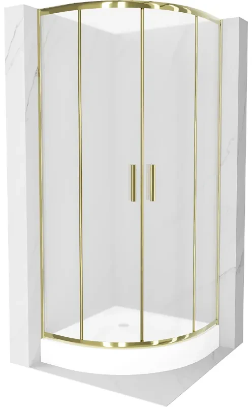 Mexen Rio, štvrťkruhový sprchovací kút s posuvnými dverami 70(dvere) x 70(dvere) x 190 cm, 6mm sklo námraza, zlatý profil + biela sprchová vanička RIO, 863-070-070-50-30-4710