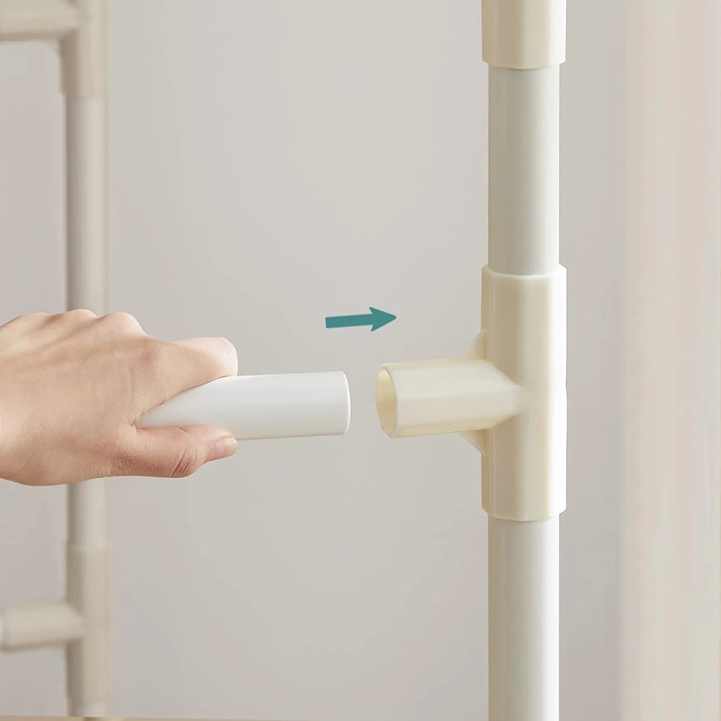 Stojan na šaty s 2 úložnými policami, kovový, biely