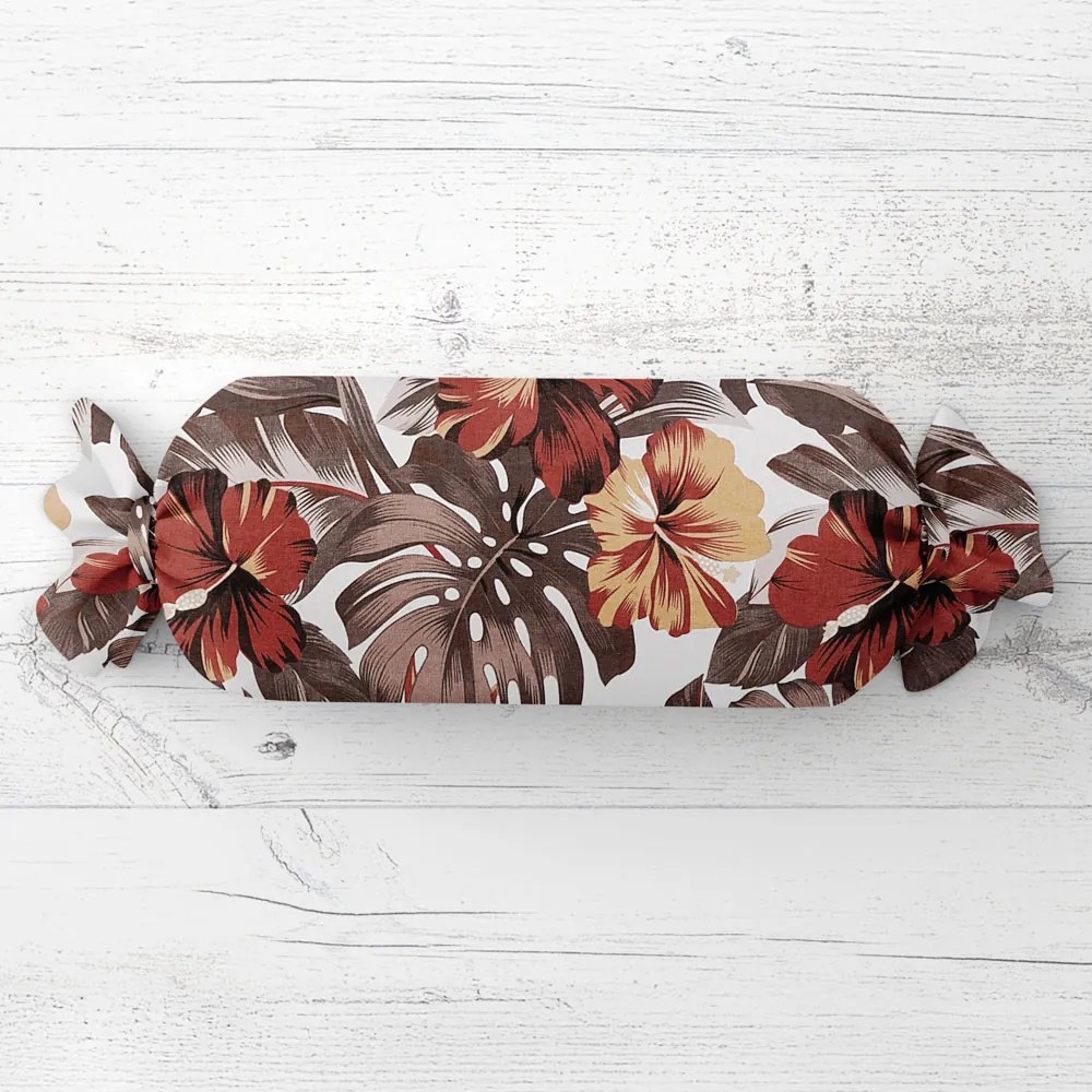 Biante Vankúš valec bonbon Sandra SA-441 Hnedo-tehlové kvety a listy monstery 15x60 cm