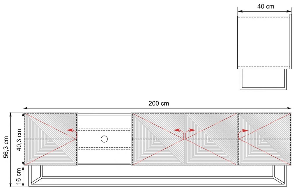 RTV skrinka Asha 200 cm ryhovaná s výklenkom a kovovým rámom - dub artisan / čierny mat