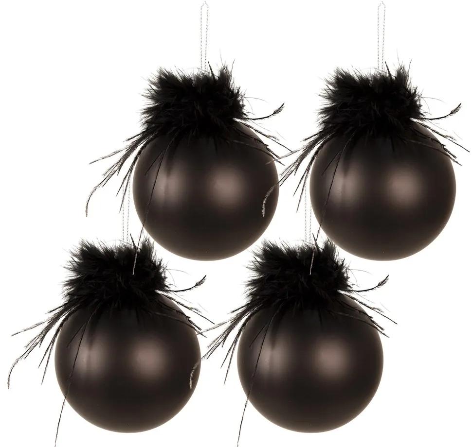 4ks čierna vianočná ozdoba gule s pierkami - Ø 8 cm