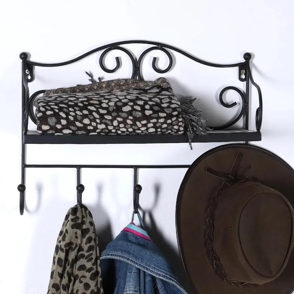 Čierny kovový nástenný vešiak s poličkou 42 cm Almeria – Garden Pleasure