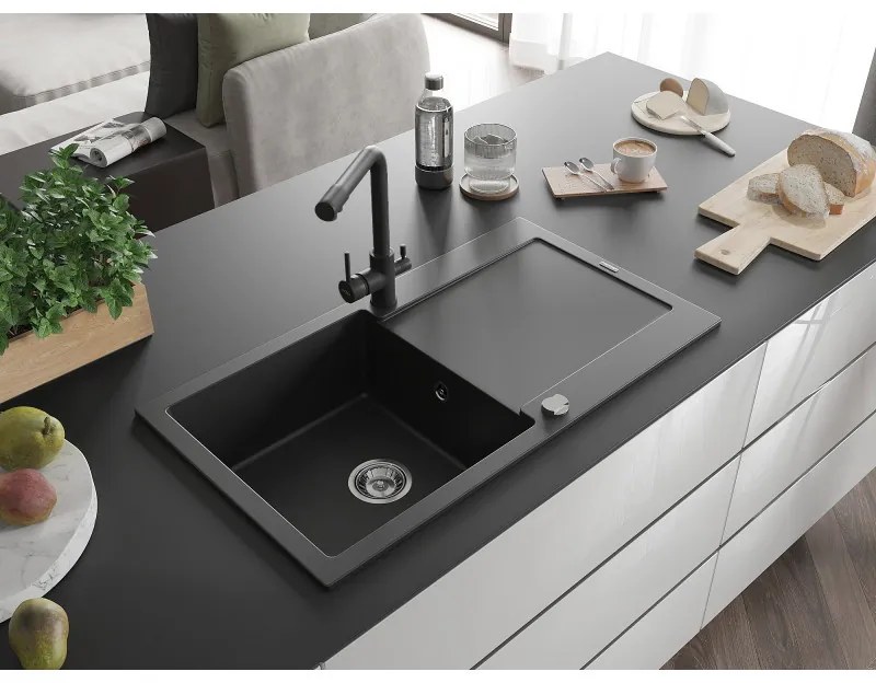 Mexen Leo, drez granitový 900x500x190 mm, 1-komorový a čierna batéria Duero, čierna, 6501-77-671600-70