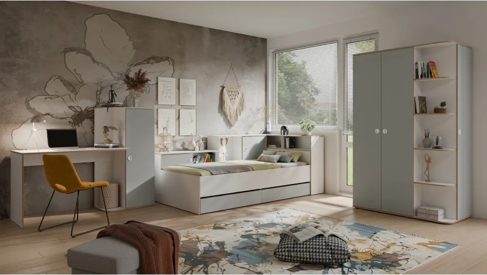 Jednolôžková posteľ s roštom a úložným priestorom Pinio 90x200 cm - biela / sivá