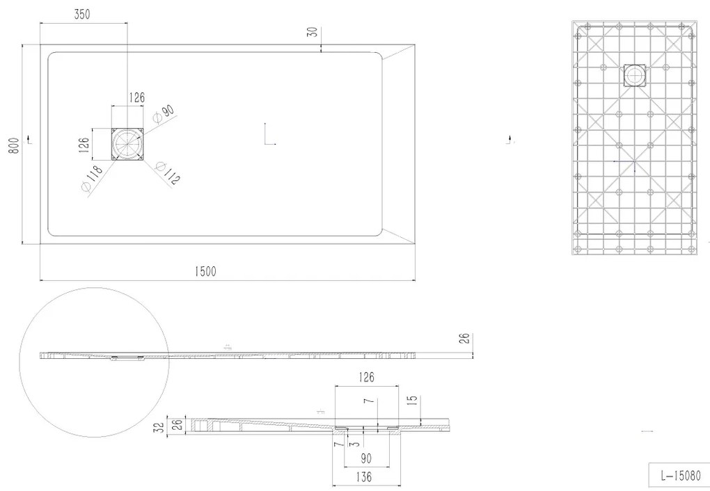 Erga Hyper, SMC sprchová vanička 150x80x2,6 cm + sifón, šedá matná, ERG-V06-SMC-8015S-GR